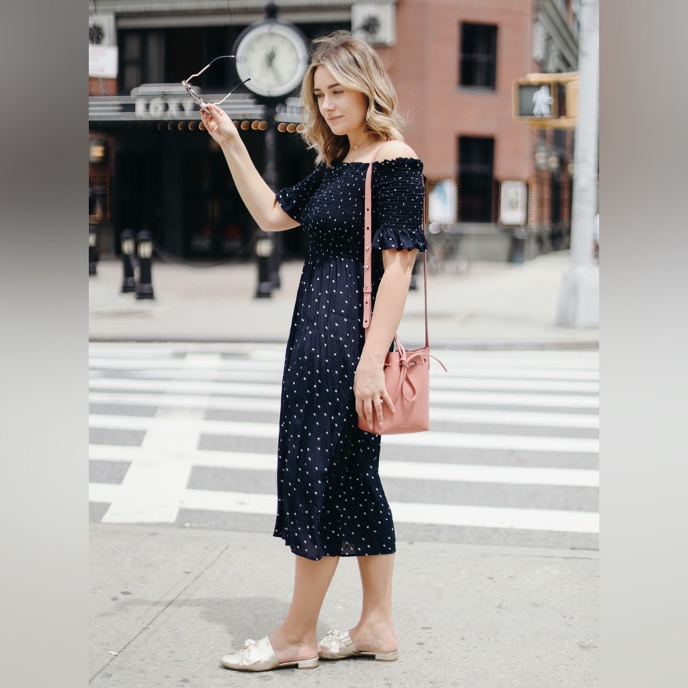 Vine & Love Navy Off Shoulder Romantic Dress with White Polka Dots! SzL